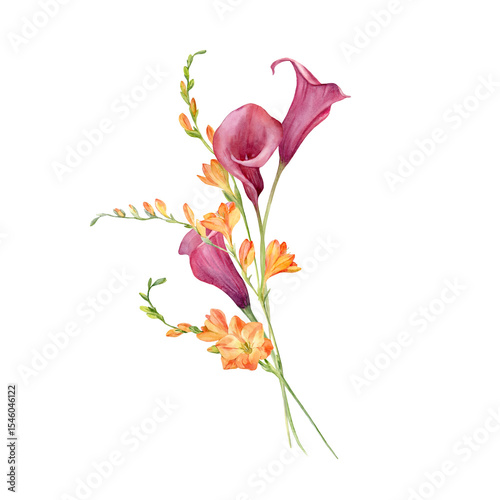 Freesia and calla lily bouquet hand drawn watercolor illustrations. Orange and purple flowers and buds isolated on white background. Elements for autumn wedding invitations, greeting cards