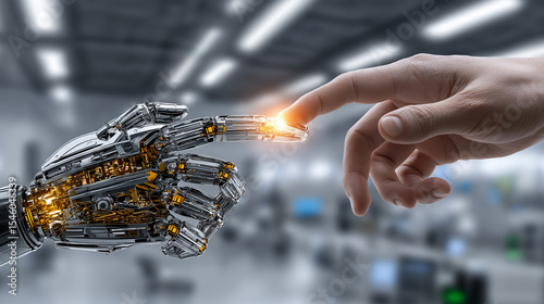 Bridging Worlds: A striking image showing the seamless fusion of human ingenuity and technological advancement. A human fingertip gently connects with the robotic arm.