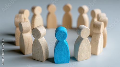 Wooden figures arranged in a circle with one blue figure in the center.