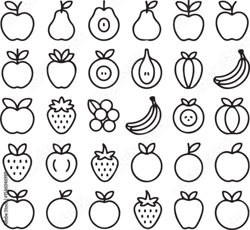 Collection of Line Art Fruit Icons Apples, Pears, Bananas, Strawberries, and More