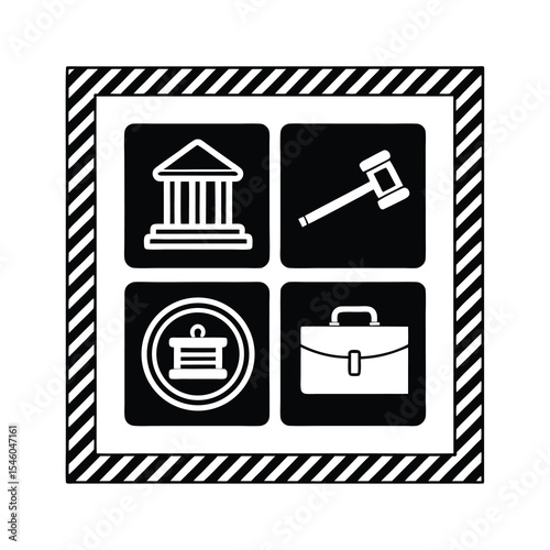 Black and White Legal Icon Set Featuring Court Gavel Evidence and Briefcase