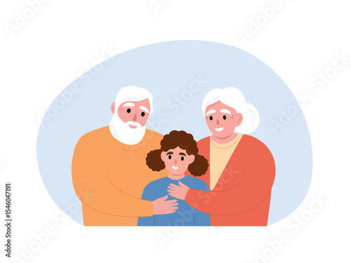 Granny hugs granddaughter. People of different generations together. Vector flat graphics.