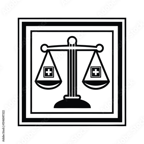 Scales of Justice with Medical Cross Symbol in Black and White
