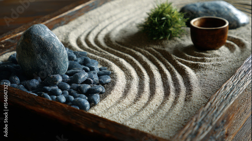 Zen Garden with Raked Sand and Smooth Pebbles.