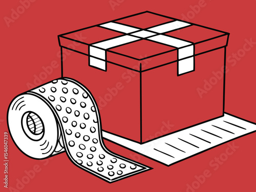 Cardboard box and bubble wrap for packaging in red