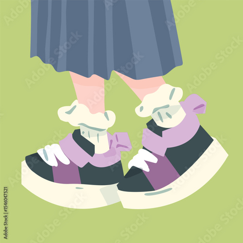 Cute Platform Sneakers with Ruffle Socks. Cartoon legs in dark platform sneakers with pastel accents and ruffled socks with bows. Flat style, soft colors, green background.
