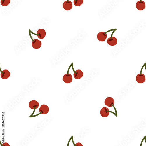 Seamless Cartoon Cherry Fruit Pattern. Simple seamless pattern with red cartoon cherry pairs and green stems on white background. Flat style, scattered layout, fruit theme.