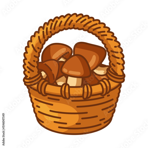 Cartoon Basket Full of Mushrooms. Wicker basket filled with edible brown mushrooms in a warm cartoon style. Hand-drawn illustration, front view, isolated on white background.