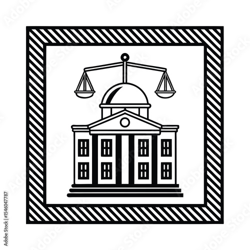 Courthouse with Scales of Justice in Black and White Striped Border Design