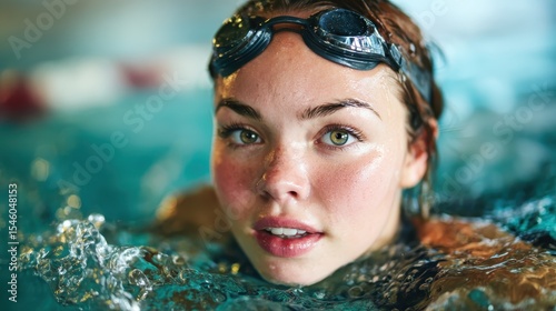 A close-up portrait of a young swimmer with goggles, in a clear pool backdrop, capturing the spirited energy and determination associated with competitive swimming.