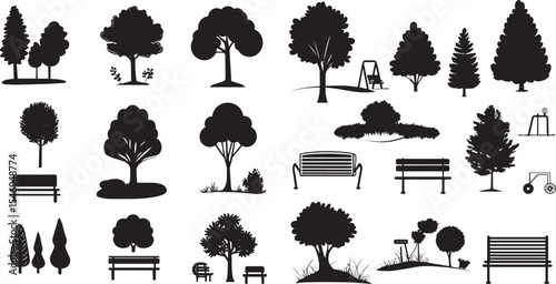 Park Silhouette Icon Set – Nature and Outdoor Vector Symbols. Black Park Icons Collection – Trees, Benches, and Pathways
