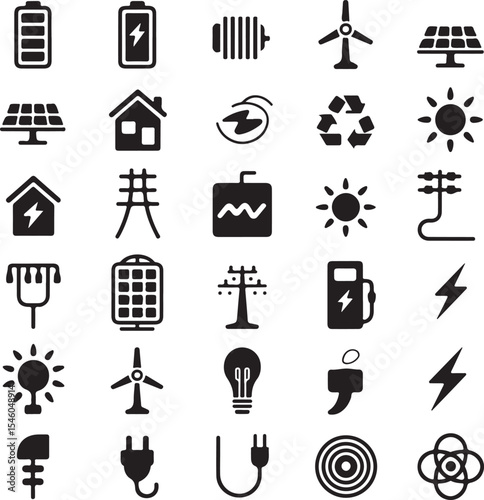 Renewable Energy Icons Solar, Wind, and More Sustainable Power Symbols