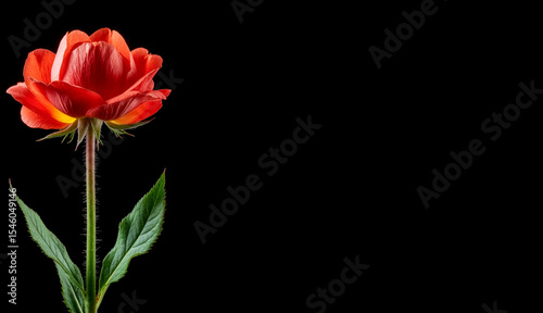 A vibrant red rose with green leaves against a black background. The flower is fully bloomed, showcasing its delicate petals and natural beauty.