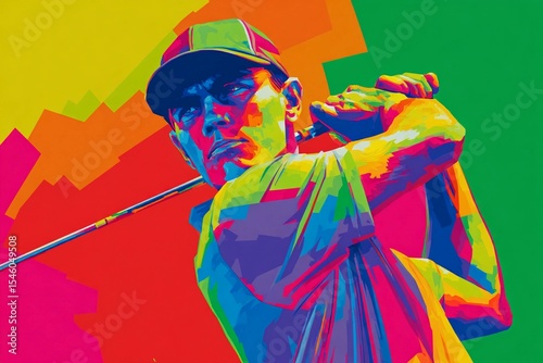 Vivid Pop Art Display of a Golfer Striking a Dynamic Swing on a Vibrant Backdrop Generative AI