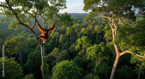 Orangutan in rainforest canopy aerial view of lush greenery photo