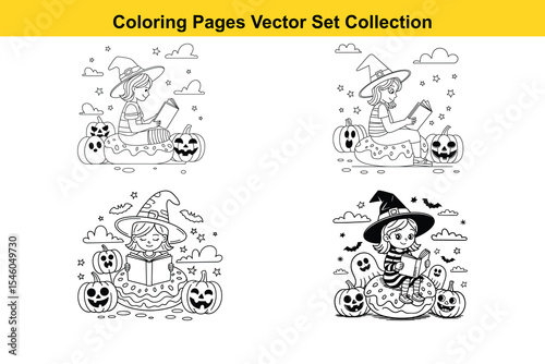 Cute Witch Reading Halloween Coloring Pages Vector Art Set