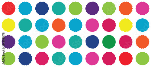 Starburst sale sticker or ribbon colorful icon set price, discount, sunburst badges flat blank vector. Special offer price tag promotional shopping label isolated transparent background.