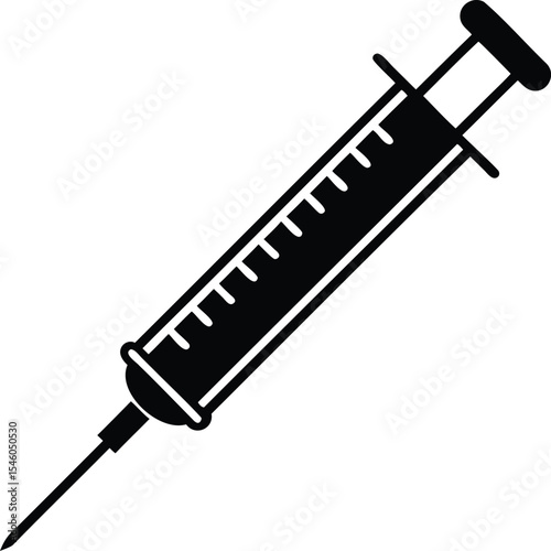 Black and white illustration of a hypodermic needle syringe used for injections