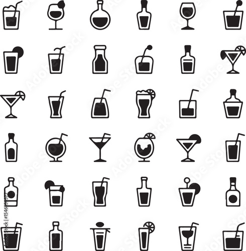 Extensive Collection of Drink Icons Glasses, Bottles, Cocktails, and More
