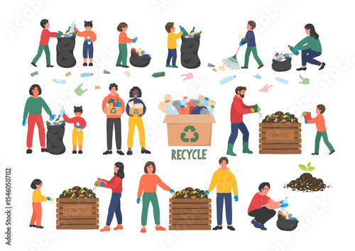 Recycle. People cleaning up. Garbage sorting Bags and cardboard boxes full of different kind of waste. People making compost.  Recycling concept.