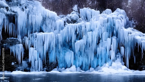 Icy winter landscape with frozen icicles clinging to rocks and the river's edge