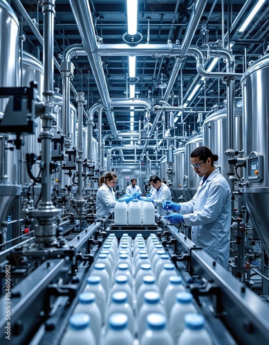 Modern dairy processing facility with stainless steel equipment and quality control team
