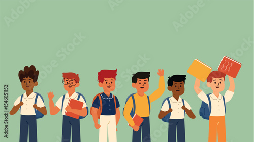 Group of boys in uniform carrying books and backpacks for school