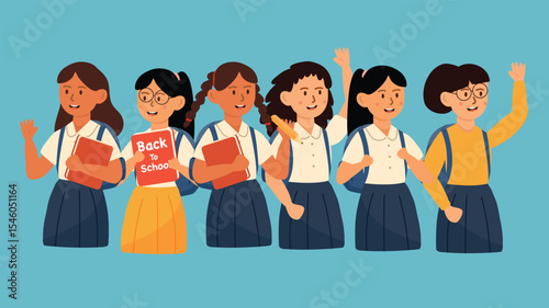 A group of cheerful schoolgirls wearing uniforms and holding school books
