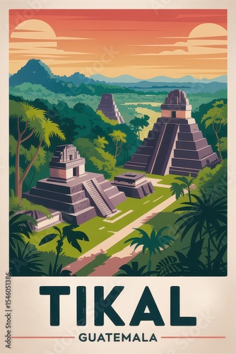 Vintage Travel Poster of Mayan Pyramids in Jungle Landscape, Tikal, Guatemala


