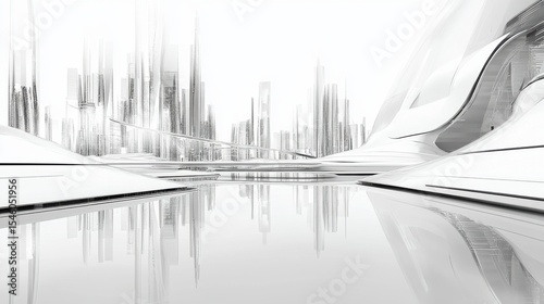 Futuristic Cityscape with Abstract Architecture and Reflections