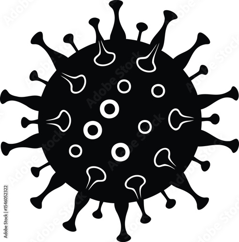 Simple black and white illustration of a stylized coronavirus cell structure