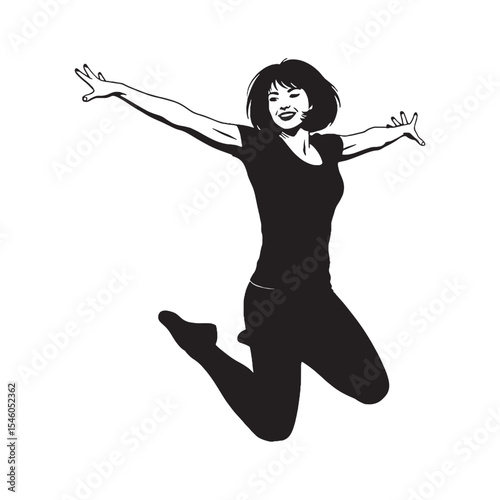 Expert lady jumping demonstrating refined form and polished movement during her elevation - lady jumping silhouette - lady jumping Vector - Silhouette of lady jumping
