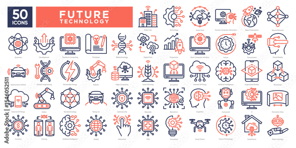 Fototapeta premium Future technology icons collection set, including AI, robotics, quantum computing, smart cities, and biotechnology. Perfect for tech presentations, infographics, and innovation projects.