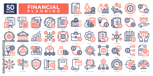 Financial planning icons collection set, including budgeting, investment, analytics, income management, and strategy. Perfect for financial reports, infographics, and business planning.