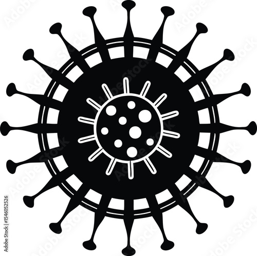 Black and white representation of a virus with protrusions and circular structure