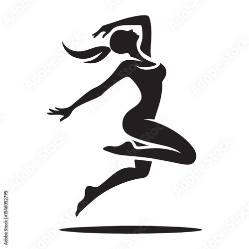 Balanced lady jumping maintaining perfect stability throughout her aerial phase - lady jumping silhouette - lady jumping Vector - Silhouette of lady jumping
