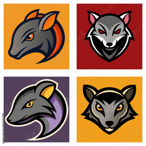 Four animal mascot heads in square frames with different color schemes and design variations shown