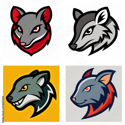 Collection of four stylized animal head logos with different color schemes and background colors shown