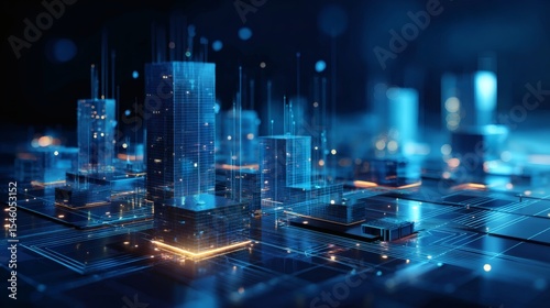 A futuristic digital cityscape built on a computer motherboard, illuminated in glowing neon blue lights. 3D blocks resembling data centers or servers are arranged like skyscrapers, with glowing 