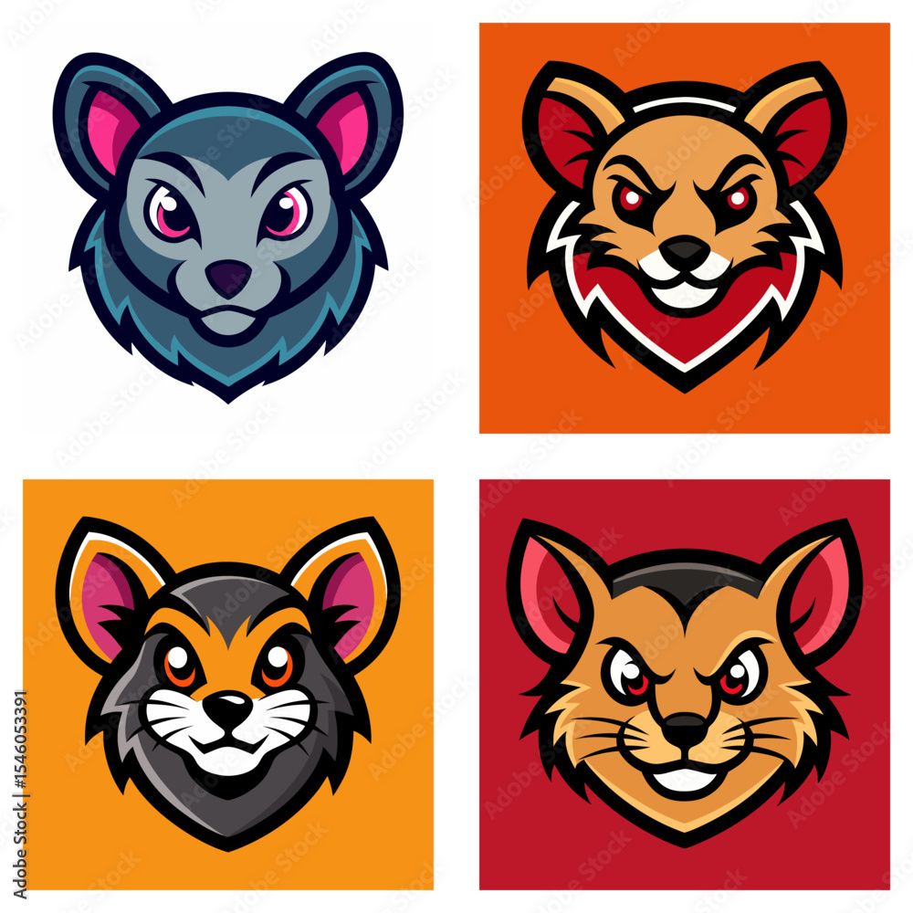 Fototapeta premium Collection of four fox head illustrations in a stylized cartoon or mascot logo design style, isolated