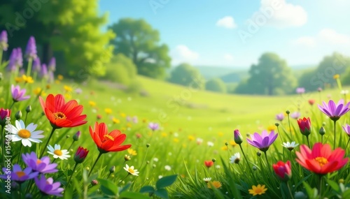 Colorful wildflowers in a lush meadow on a sunny day, green swirly backdrop, sunlight, wildflowers