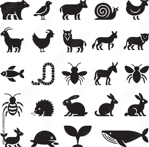 Collection of Diverse Animal Icons Black and White Silhouettes