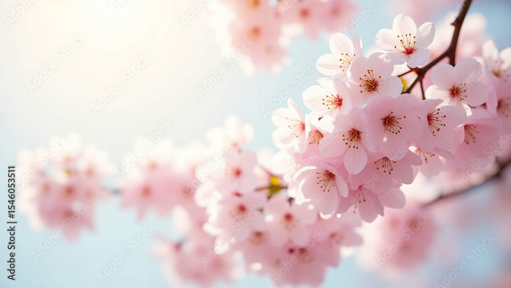 Fototapeta premium Graceful Cherry Blossom Branch with Soft Pink Petals - Springtime Beauty Against a Hazy Blue Sky