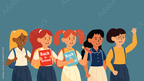 A group of smiling girls holding books while waving at school