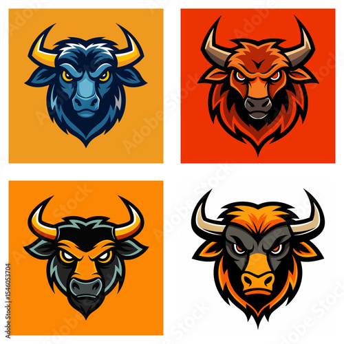 Four bull mascot heads with different color schemes and backgrounds in a square format illustration