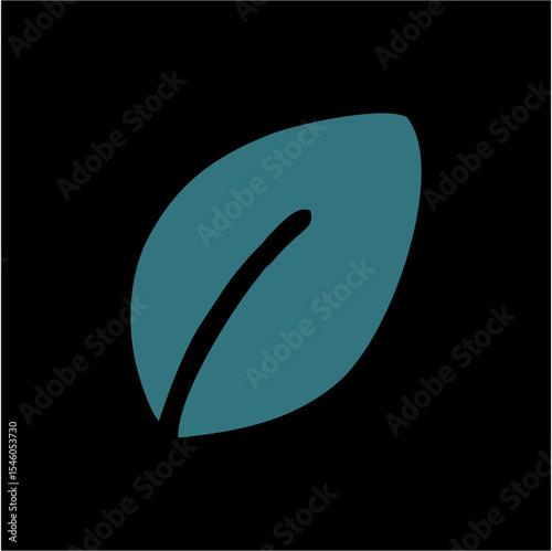 Minimalist Teal Leaf Icon on Black Background – Eco and Wellness Vector Symbol,A clean and elegant vector icon of a teal-colored leaf with a single vein, centered on a black background. This minimalis