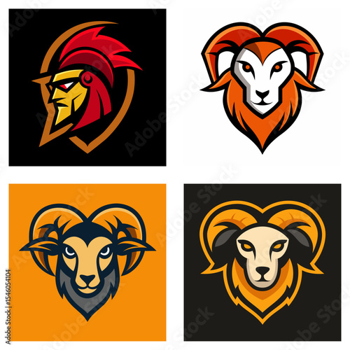 Illustration of a spartan warrior head and ram heads in various styles and colors on a square format