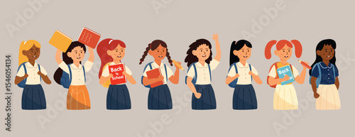 A full lineup of schoolgirls holding books and smiling with confidence