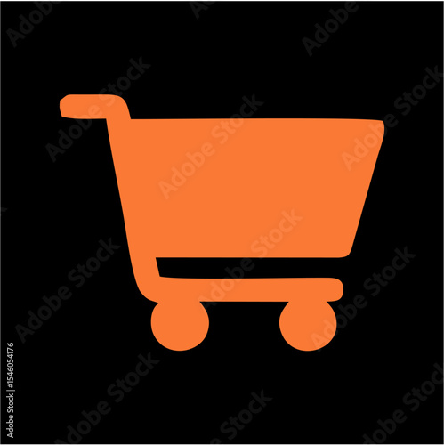 Minimalist Orange Shopping Cart Icon on Black Background – E-commerce and Retail Vector Symbol,A clean vector illustration of an orange shopping cart icon with four wheels and a rear handle, centered 