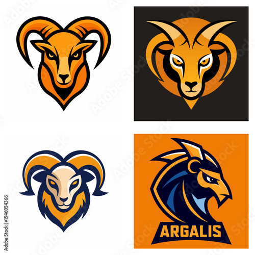 Collection of stylized ram and argali logos featuring bold colors and strong graphic designs for branding
